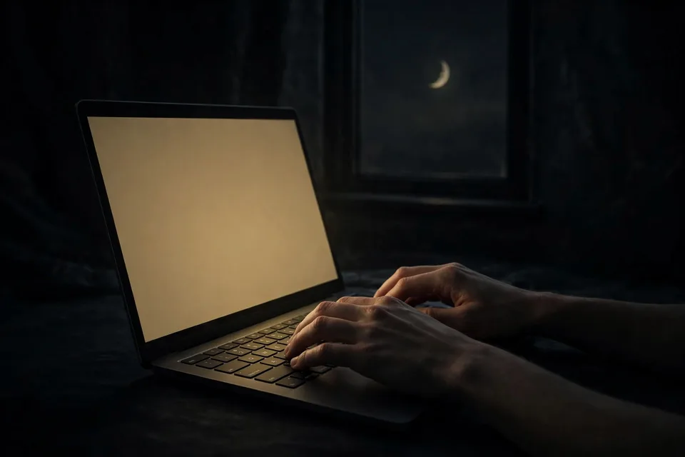 Done-for-you chatbot setup cover art — hands typing on a glowing laptop in a dark room