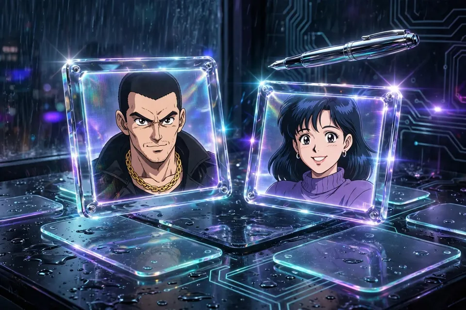 Glowing holographic frames holding 90s anime cel-shaded portraits floating over a rainy night city
