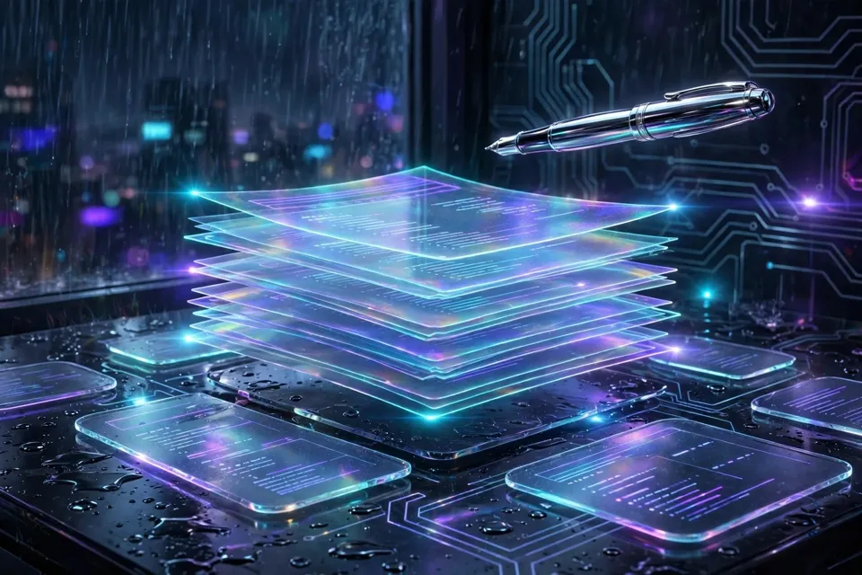 Glossy holographic resume pages and a chrome fountain pen floating over a rain-streaked night city desk