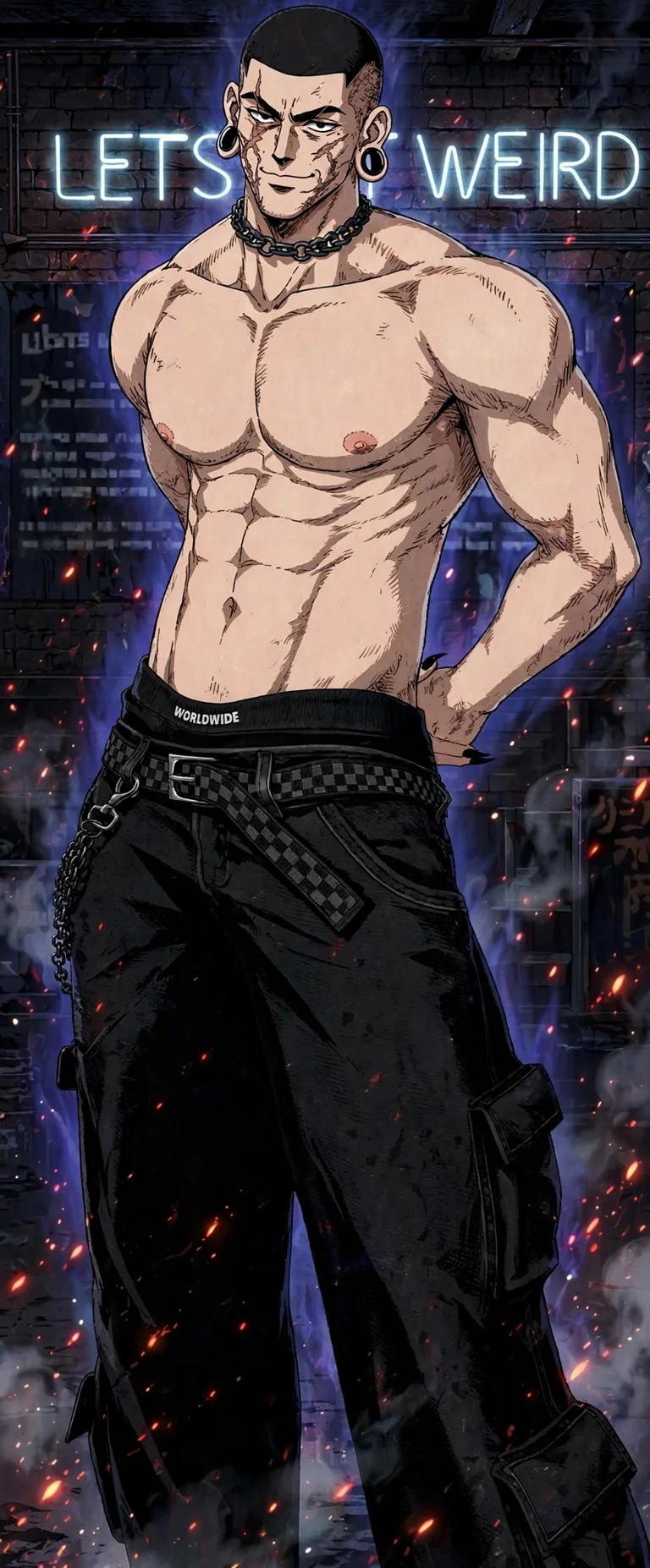 Sample: a photo transformed into a 90s anime cel-shaded portrait of a man with buzzcut, chain necklace and ear gauges against a neon night alley